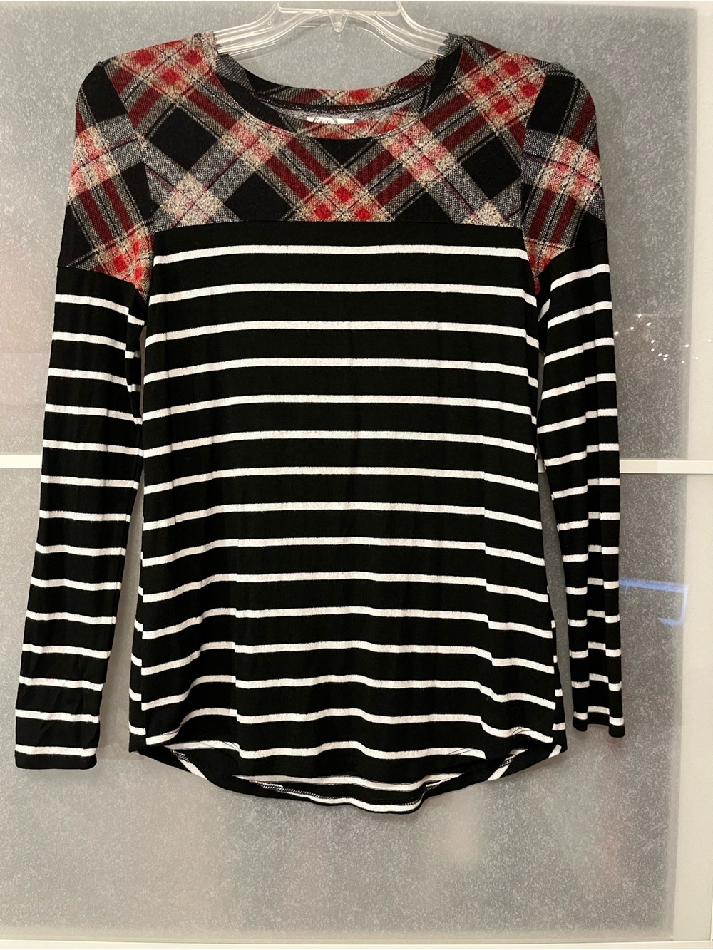 Maurices Black & White Striped 3/4 SleeveTop with Red Plaid